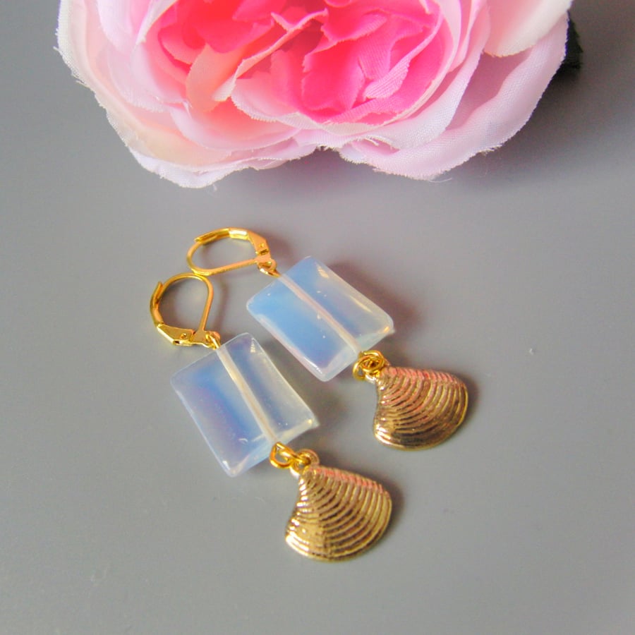  Milky White Rectangular Earrings with a Gold Plated Clam Shell, Gift for Her