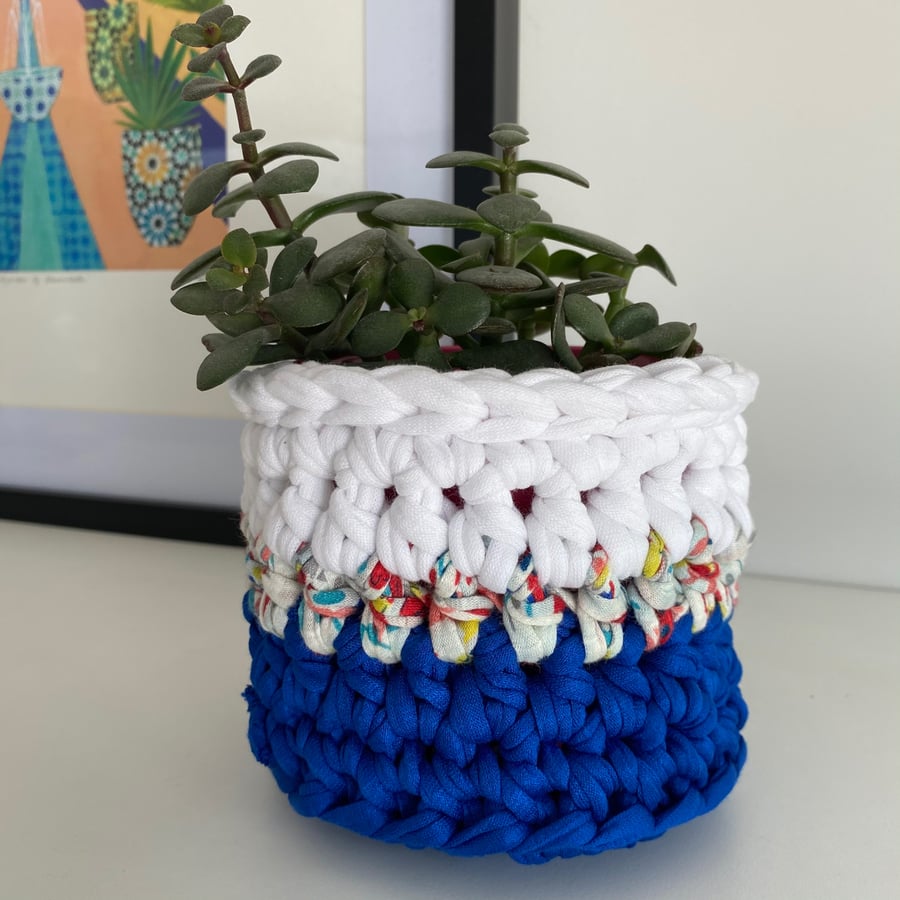 Crochet plant pot cover made with upcycled tshirt yarn - cobalt mini
