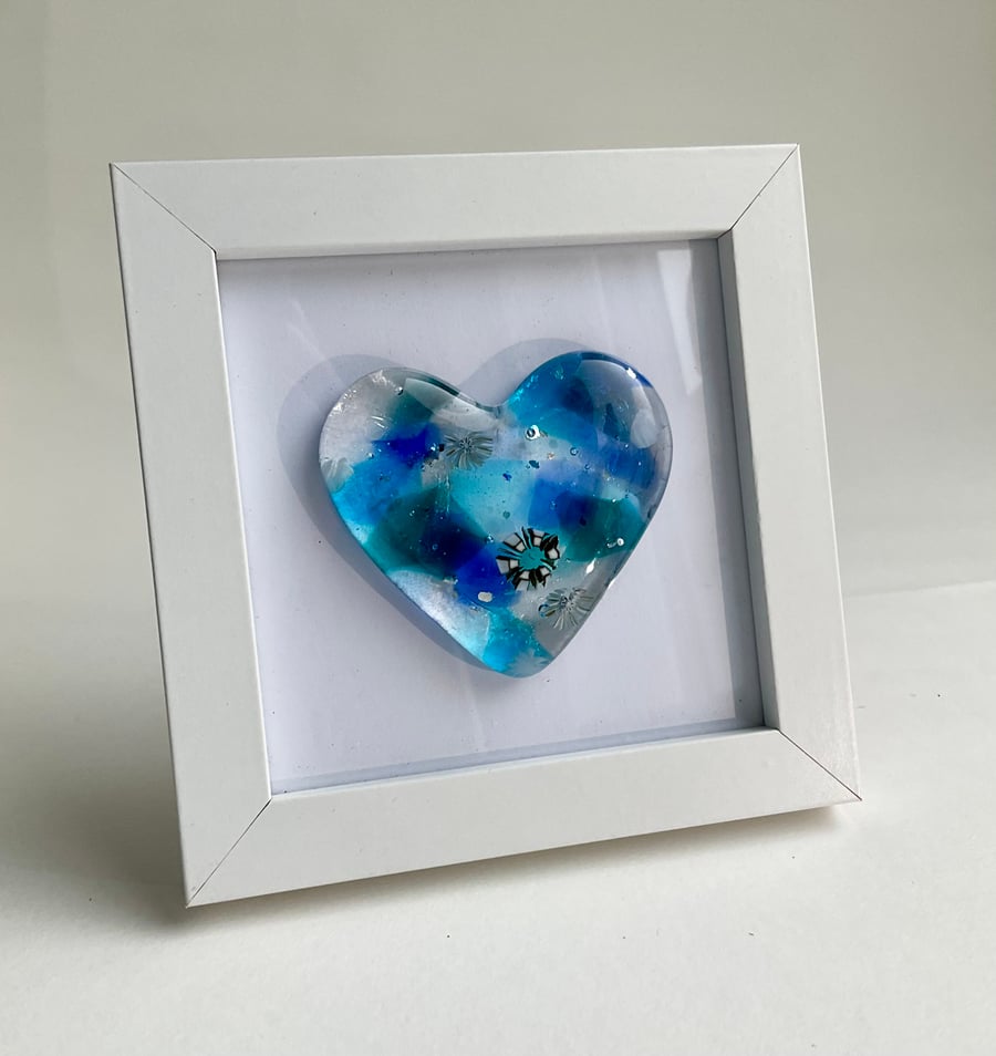 Handmade cast glass heart in frame