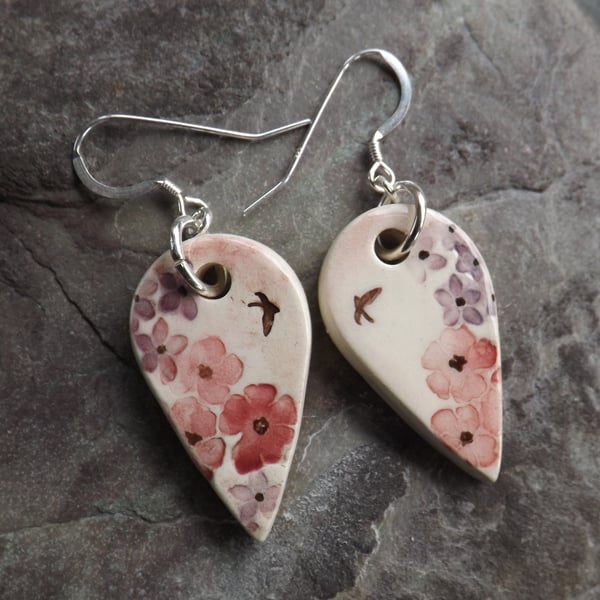Summer Garden large handmade ceramic earrings in rose and lilac