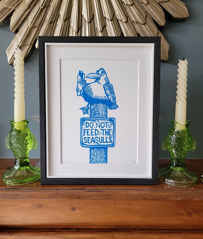 Avian Attitude - handmade original linocut seagull bird art print