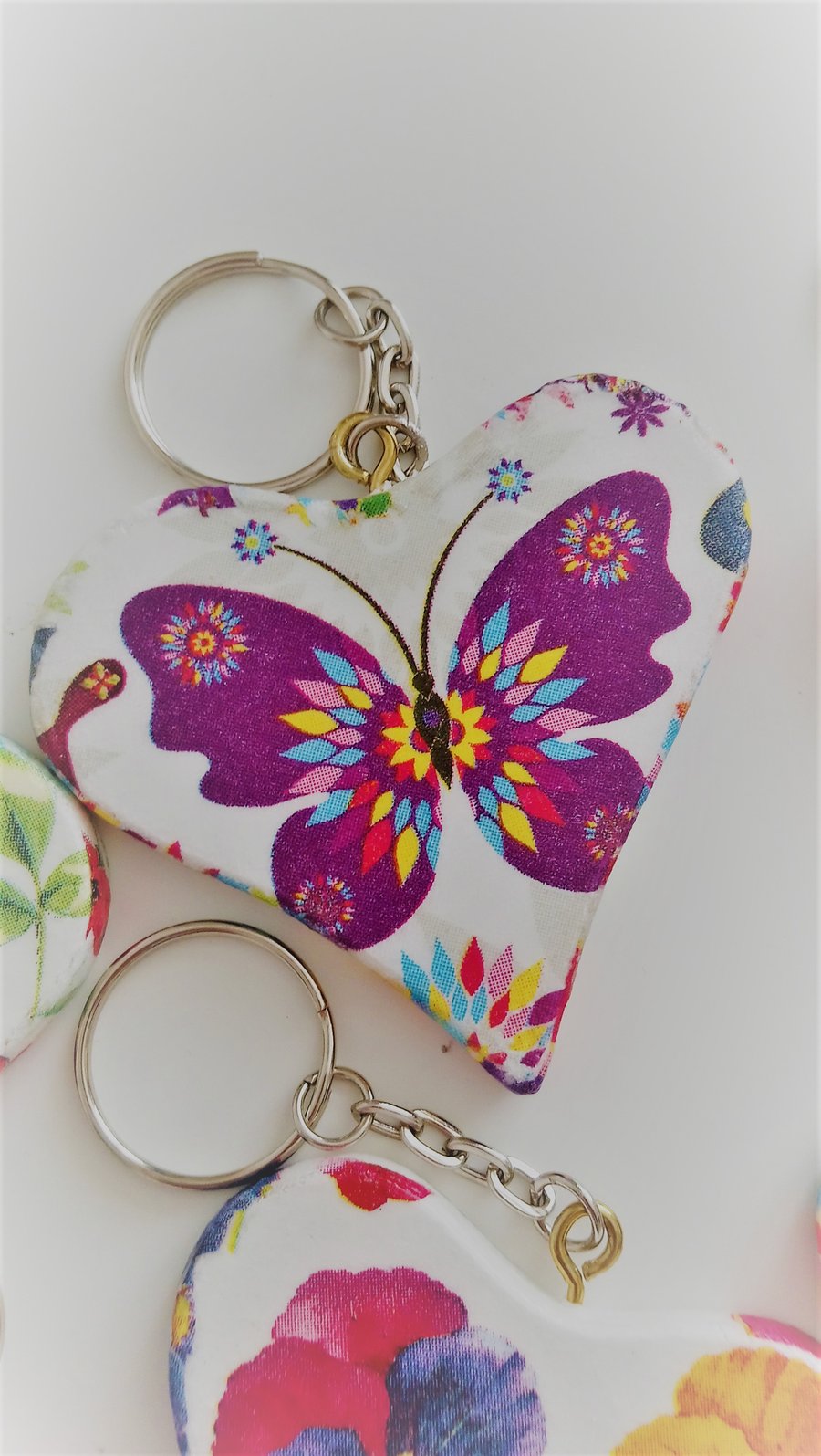 Handmade Decoupaged Heart Butterfly and Floral Keyring