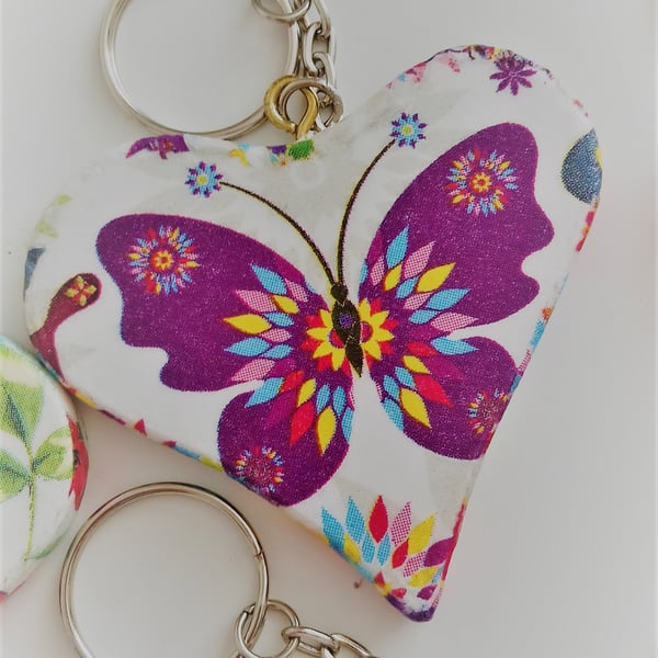 Handmade Decoupaged Heart Butterfly and Floral Keyring