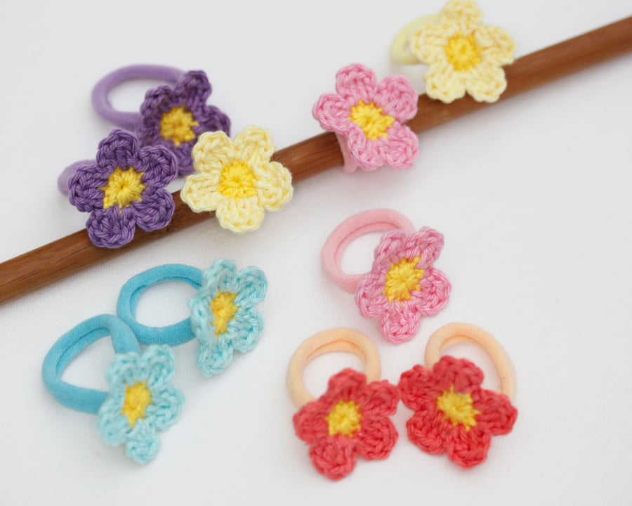 Flower Hair Bands Girls Children Toddlers Pair of Handmade Crochet Hair Bobbles
