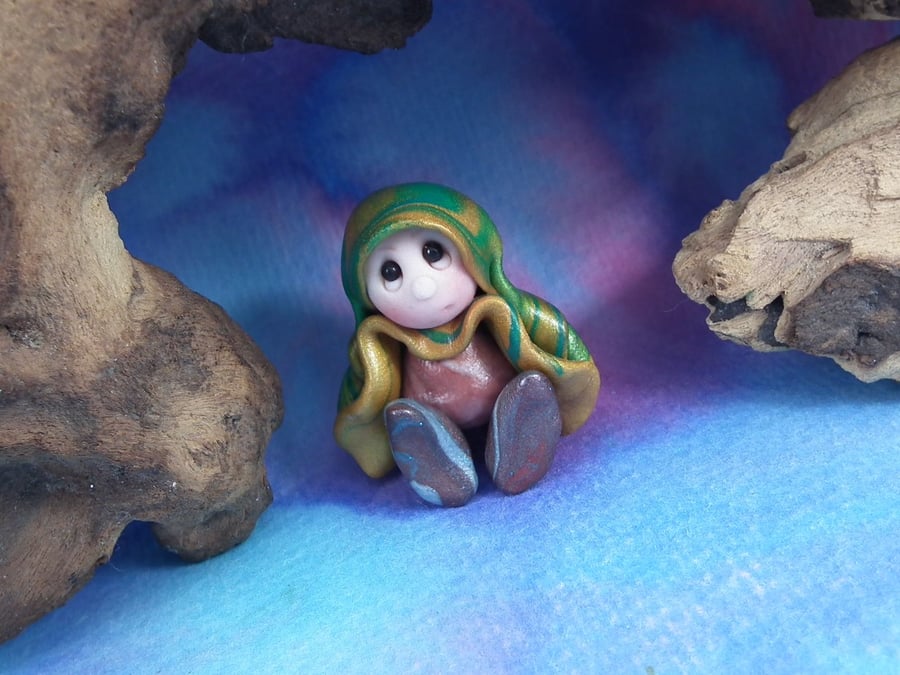 Tiny Seated Gnome Maiden 'Dint' 1.25" OOAK Sculpt by Ann Galvin