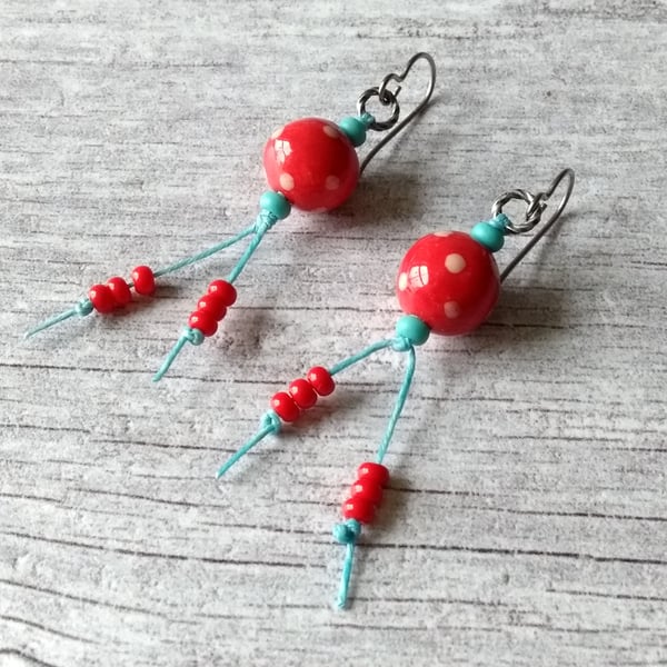 Polka Dot Ceramic Earrings in Red and Turquoise