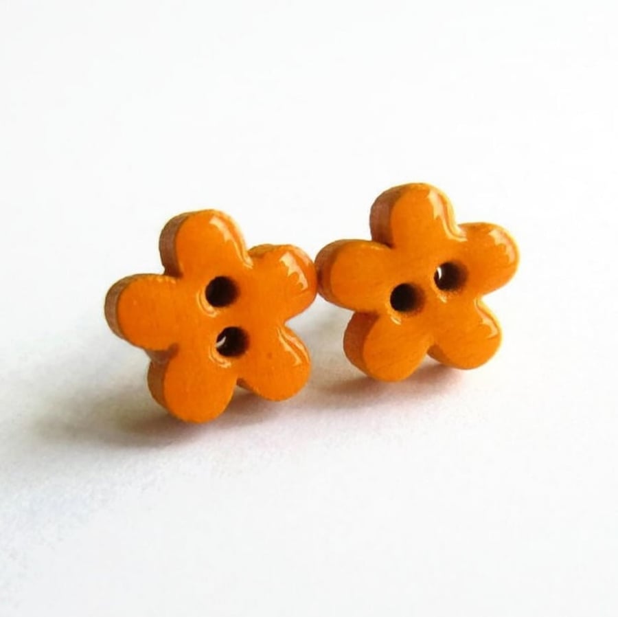 Bright Orange Wooden Flower Button Stud Earrings - Hypoallergenic