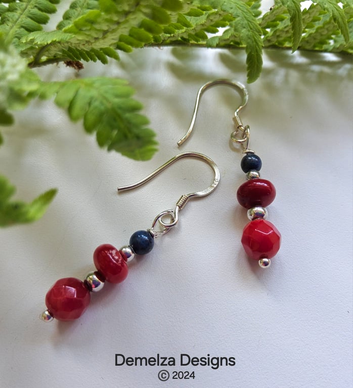 Dainty Designer Red Coral & Lapis Lazuli Sterling Silver Drop Earrings