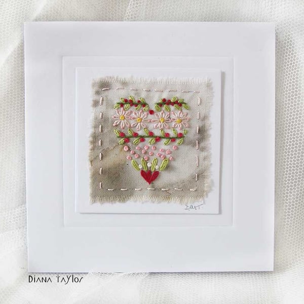 HAND EMBROIDERED GREETING CARD - HEART VALENTINE'S DAY
