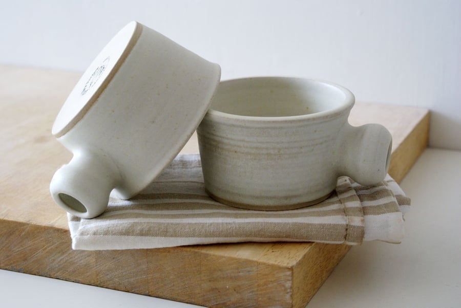 Set of two wide stoneware soup mugs - glazed in vanilla cream