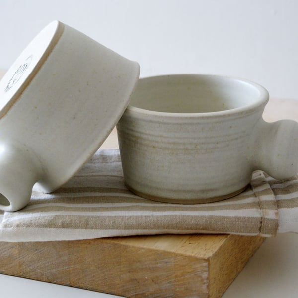 Set of two wide stoneware soup mugs - glazed in vanilla cream