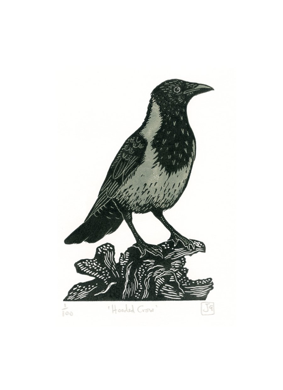 Hooded Crow two-colour linocut print