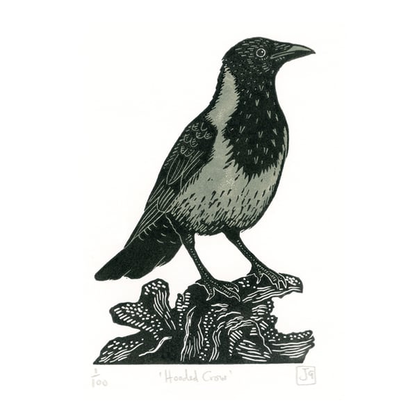 Hooded Crow two-colour linocut print