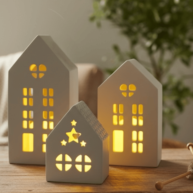 White Village House Lantern Set of 3 Tea Light Holders