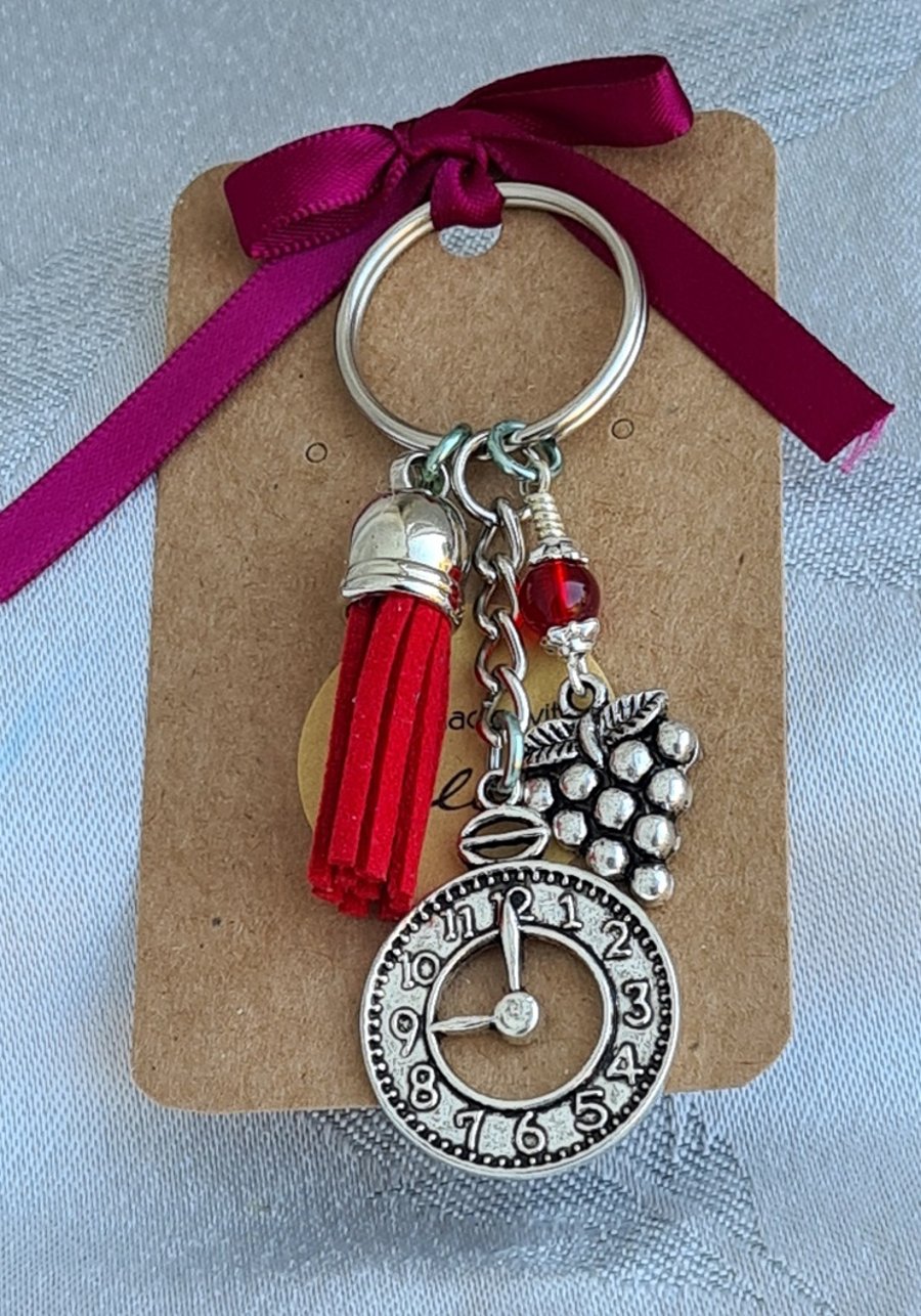 Gorgeous Wine Time Key Ring - Style 2 - Key Chain Bag Charm - Silver tones.