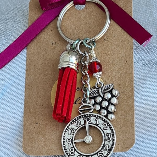 Gorgeous Wine Time Key Ring - Style 2 - Key Chain Bag Charm - Silver tones.