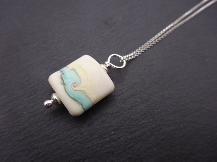 lampwork glass pendant, sterling silver chain, green swirl