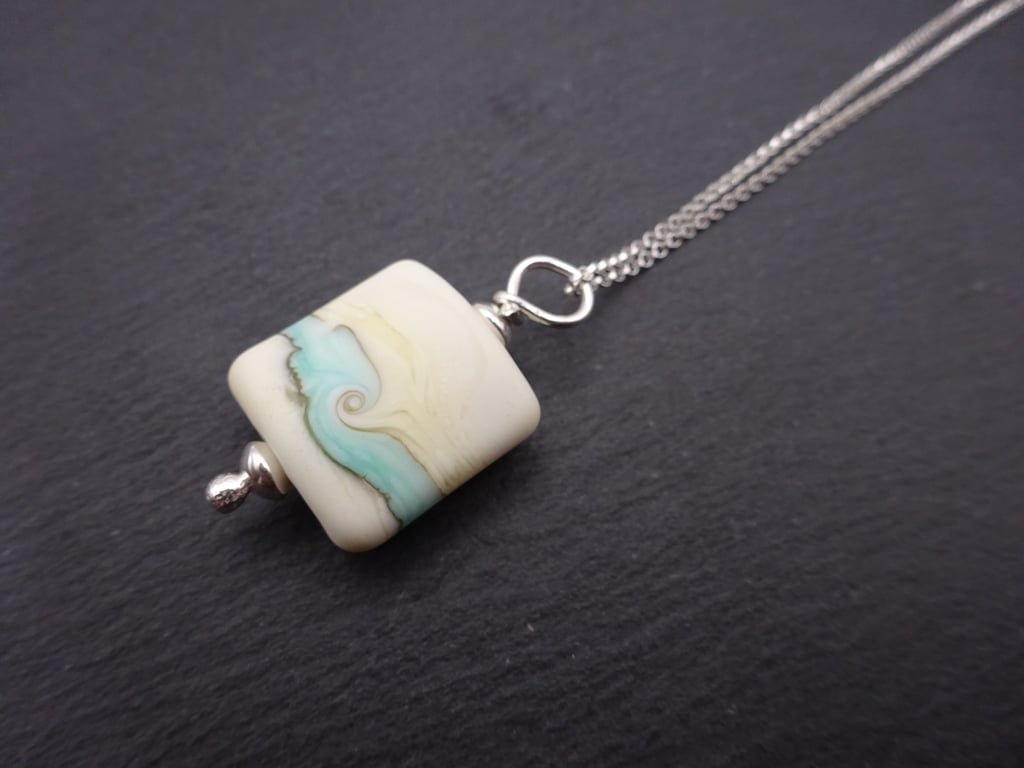 lampwork glass pendant, sterling silver chain, green swirl