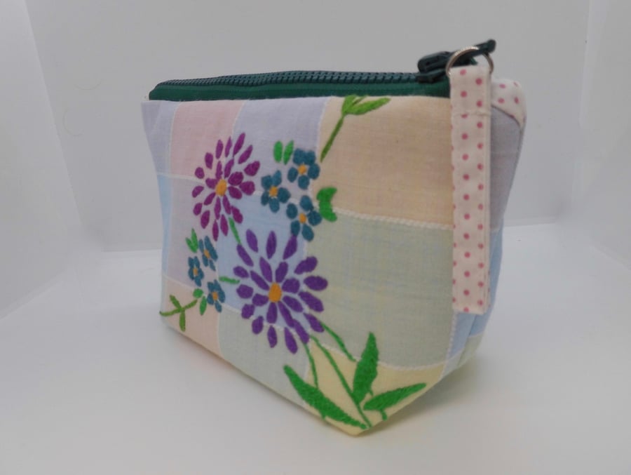 Make up bag in pastel check with embroidery