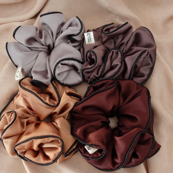 Satin Black Piping Edged XXL Scrunchies, Piping Trim Silky Statement Scrunchies,