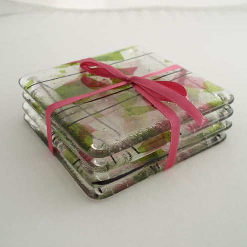 Set of 4 fused glass "Watermelon Ice" coasters