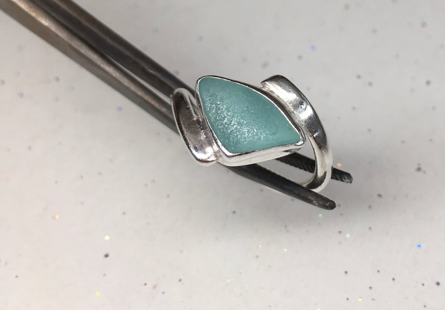 Welsh Handmade Light Teal Blue Sea Glass & Silver Ring Size M
