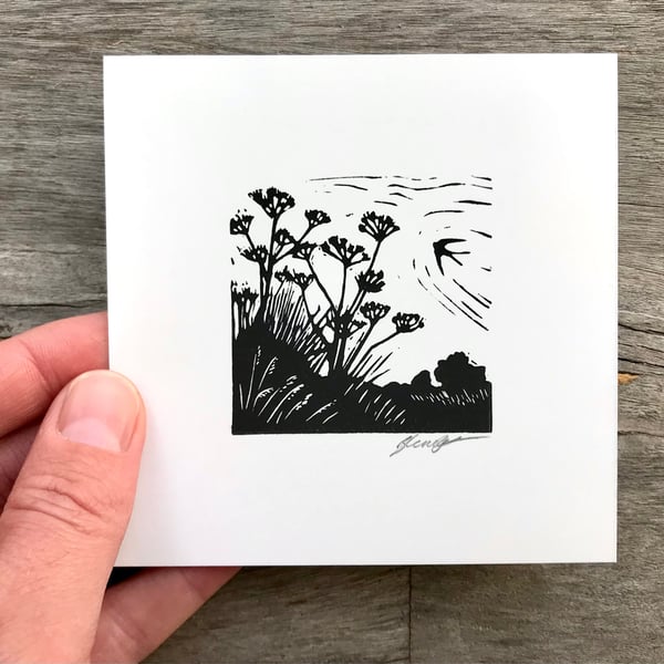 Summer Swallow: by Suffolk printmaker Beth Knight original hand pressed lino cut