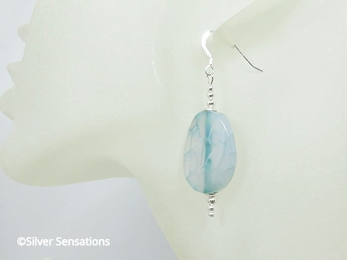 Chunky Blue Dragon's Vein Agate Twisted Beads & Sterling Silver Earrings