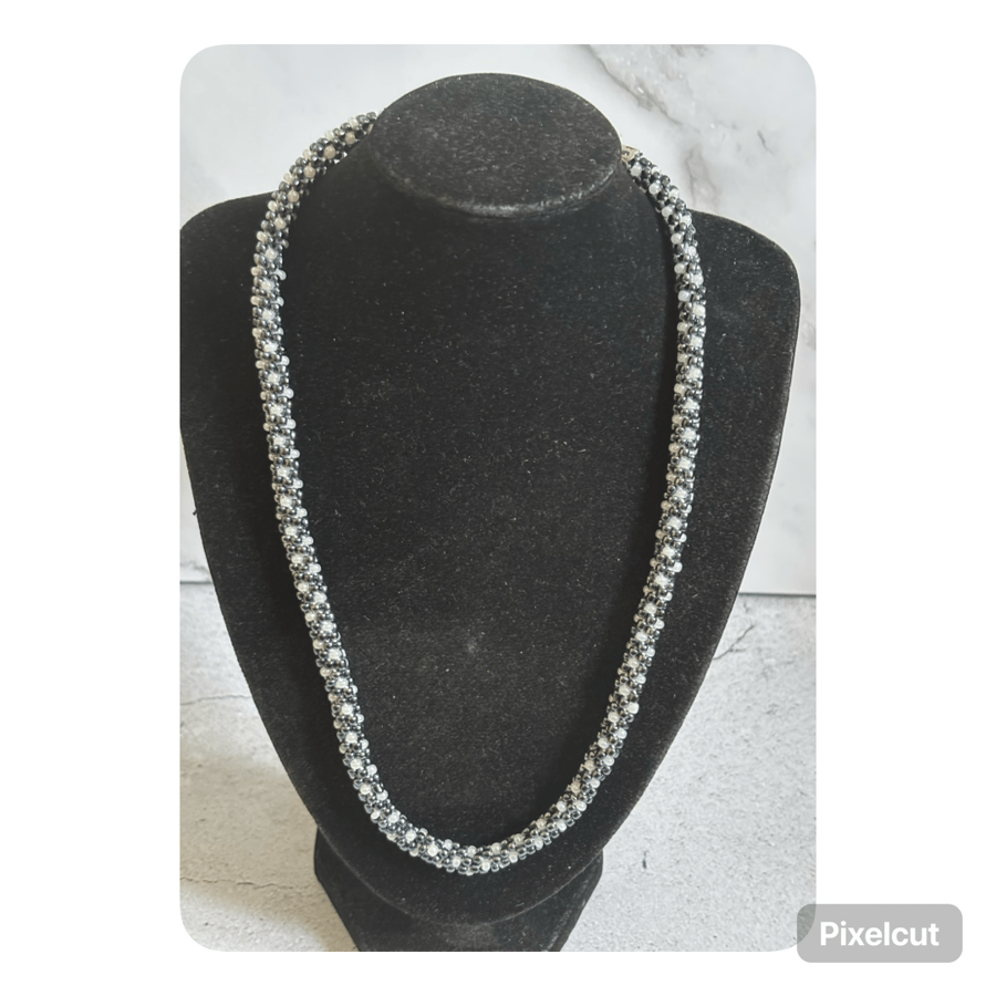 Navy and white polka dot kumihimo beaded necklace 