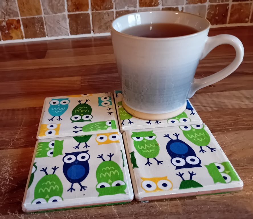 Owls (Cream) - Ceramic Tile set of 4 Coasters Perfectly Imperfect