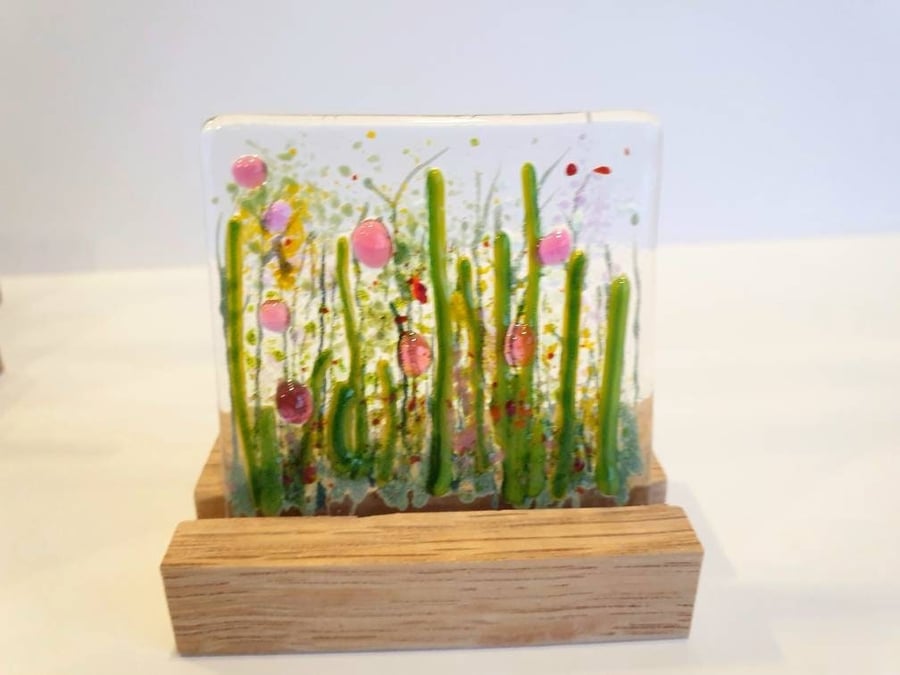 Mini Fused Glass Floral Tile & Bespoke Oak Stand Handmade Original Unique Birthd