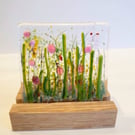 Mini Fused Glass Floral Tile & Bespoke Oak Stand Handmade Original Unique Birthd
