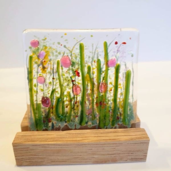 Mini Fused Glass Floral Tile & Bespoke Oak Stand Handmade Original Unique Birthd