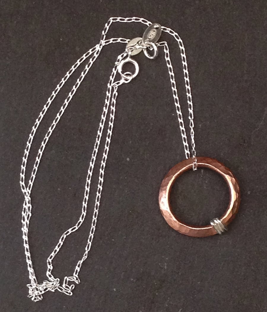  Handmade Copper and Sterling Silver Hoop Pendant Necklace