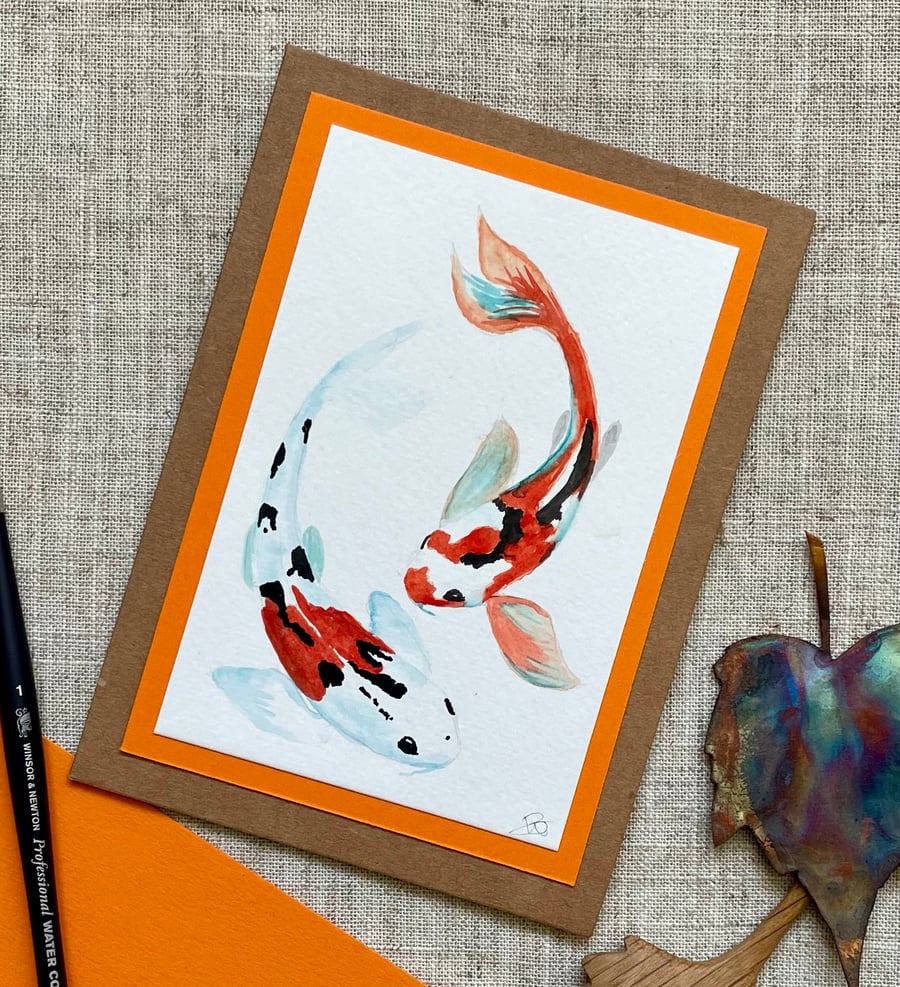Hand painted blank card, koi carp, all occasion card, keepsake card