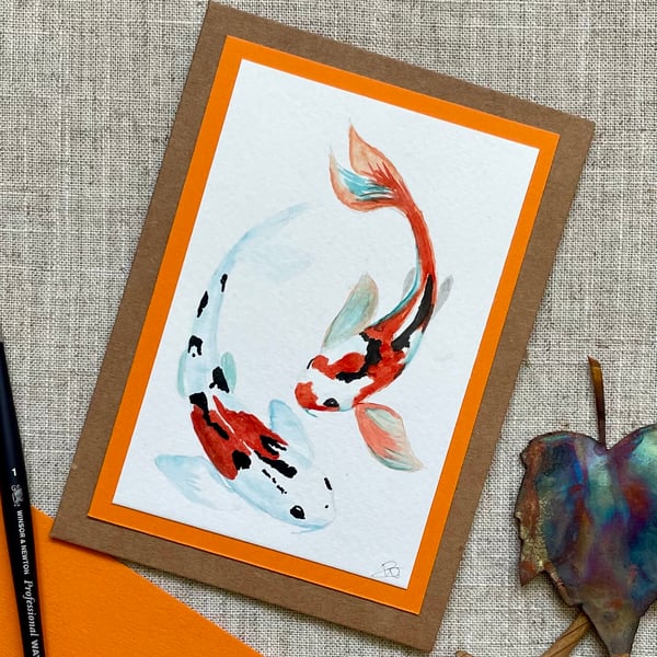 Hand painted blank card, koi carp, all occasion card, keepsake card