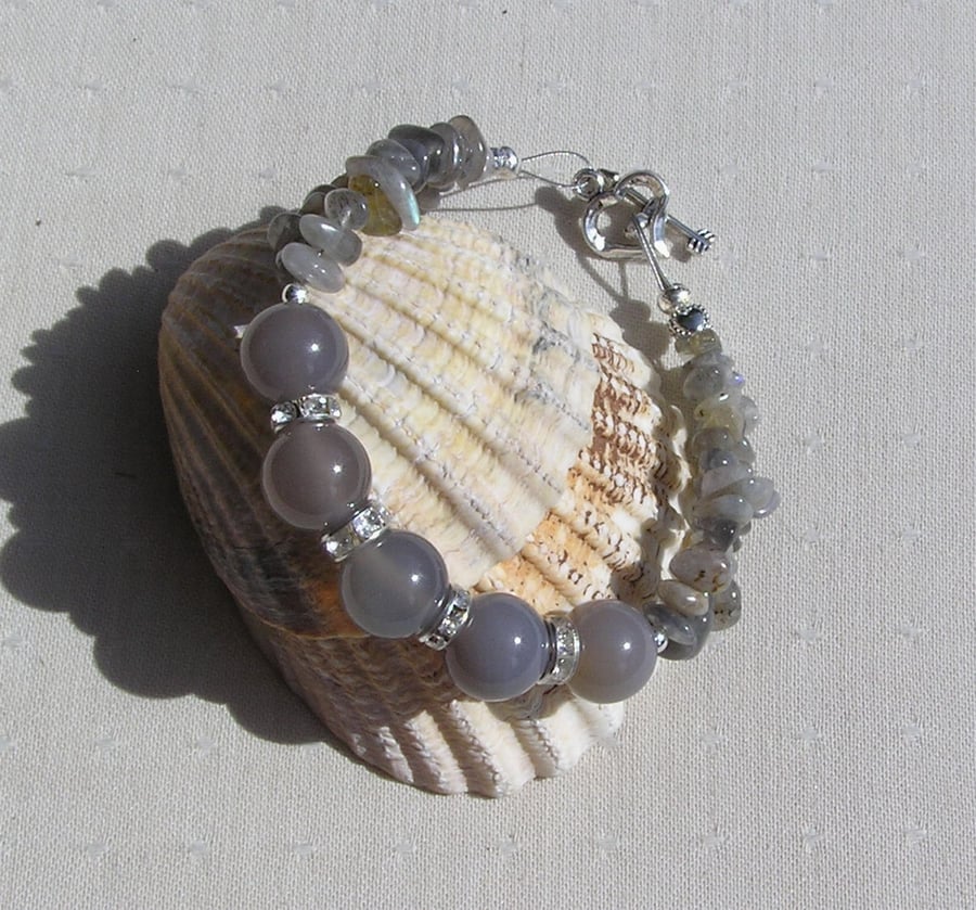 Grey Agate & Labradorite Gemstone Beaded Chakra Bracelet "Cloudy Dayz"