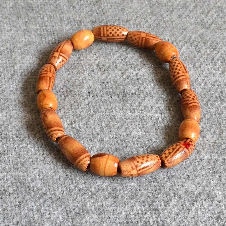 Wooden Barrel and Cylinder Bead Elastic Bracelet