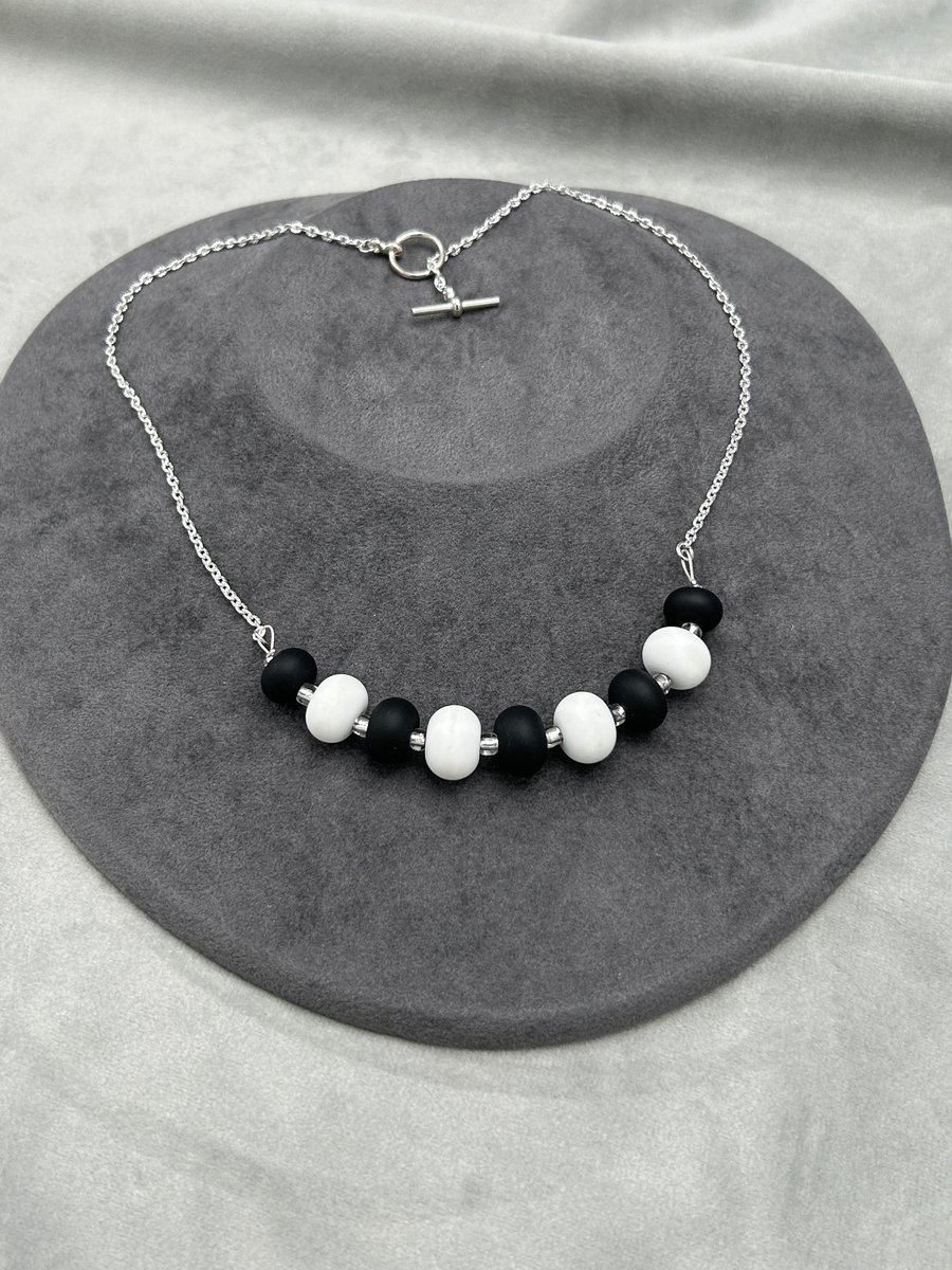 black and white lampwork glass necklace seaglass style