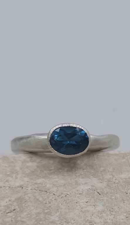 Hand Forged London Blue Topaz Sterling Silver Ring - Size M