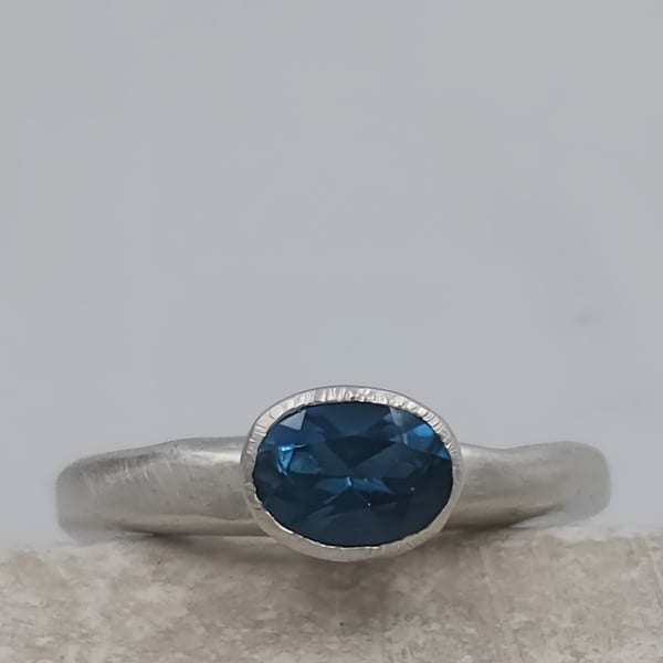 Hand Forged London Blue Topaz Sterling Silver Ring - Size M