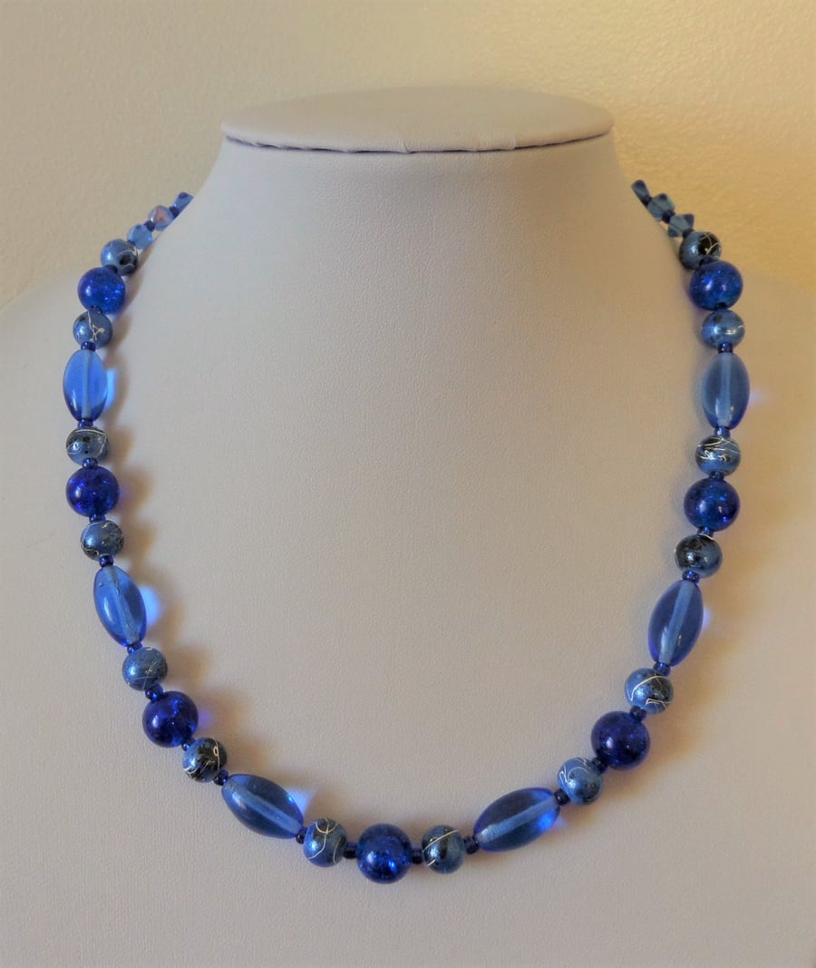 Mixed blue glass bead necklace