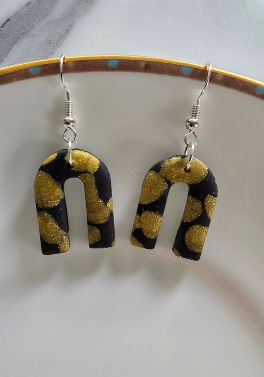 Handmade polymer black and gold silver plated earrings