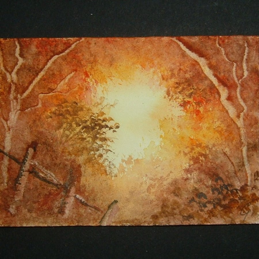 art painting original miniature sunset woodland aceo ref 102