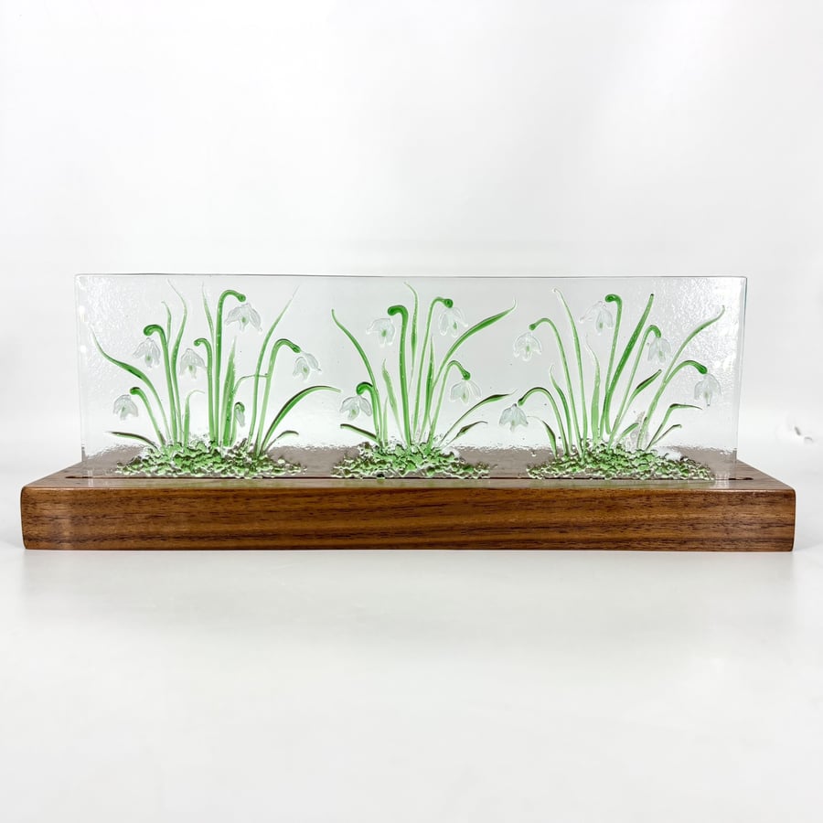 Snowdrops - Fused Glass Panel set in a piece Hand Crafted Wood