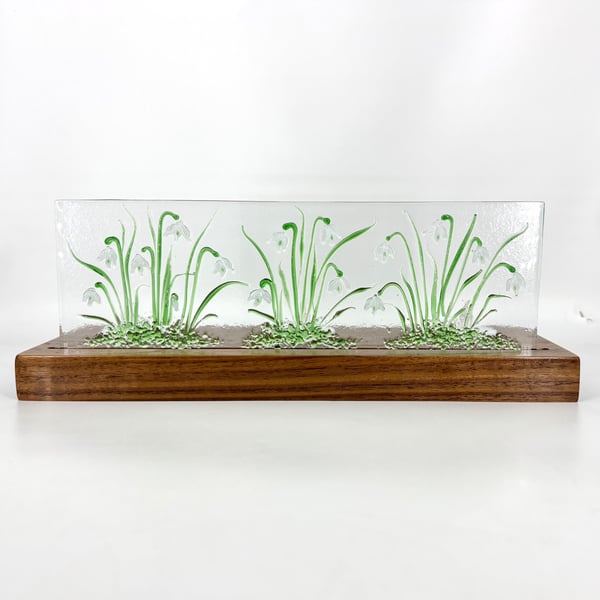 Snowdrops - Fused Glass Panel set in a piece Hand Crafted Wood