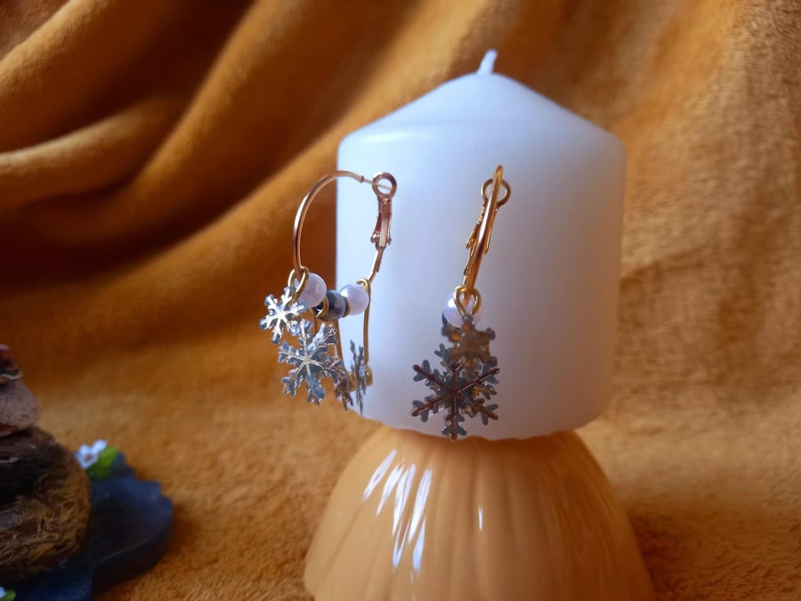 Golden Dangle Snowflake Hoops