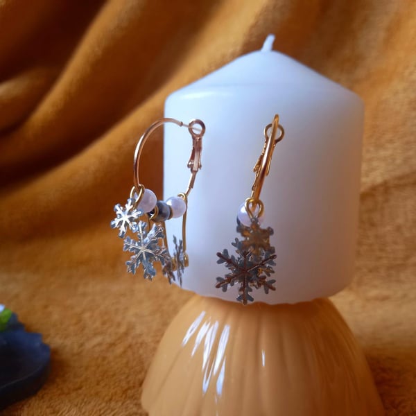 Golden Dangle Snowflake Hoops