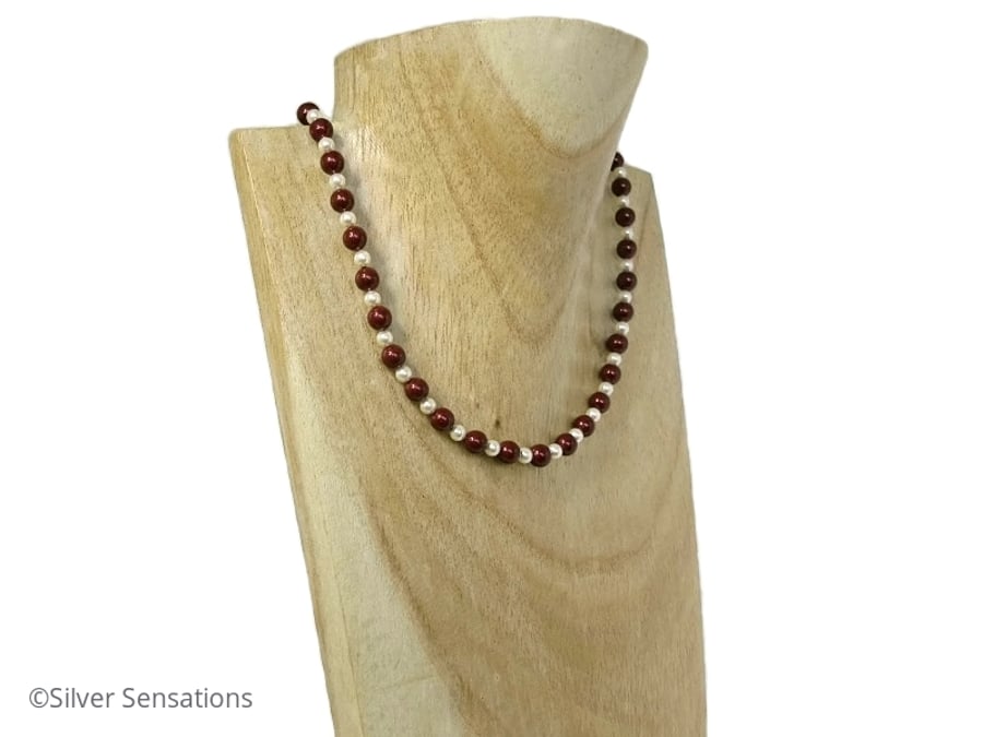 Deep Burgundy Red & Ivory Cream Pearls Sterling Silver Necklace - June Birthday