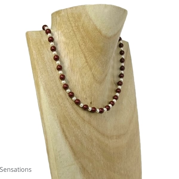 Deep Burgundy Red & Ivory Cream Pearls Sterling Silver Necklace - June Birthday